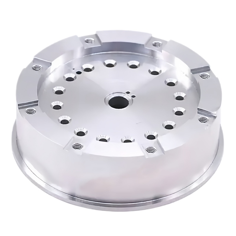 High precision CNC machined aluminum disc with multiple threaded holes and complex machining features