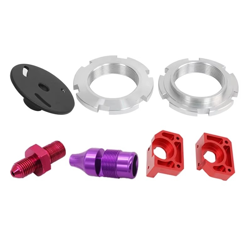 CNC machined anodized aluminum parts with threading, milling features and custom color finishing