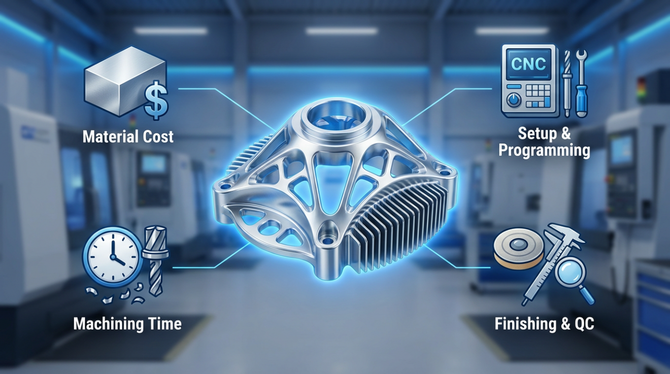 Illustration of primary CNC machining cost factors: material, setup & programming, machining time, and finishing & QC.