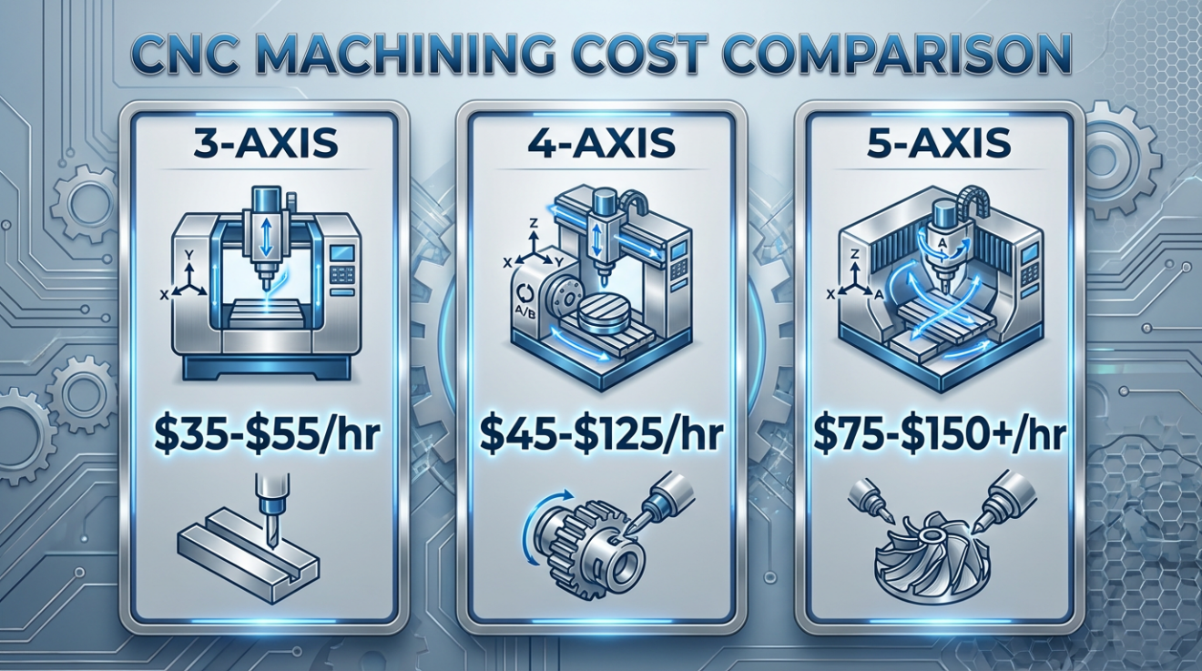  Infographic comparing CNC machining hourly rates: 3-Axis ( 35 − 35−55/hr), 4-Axis ( 45 − 45−125/hr), and 5-Axis ( 75−150+/hr).